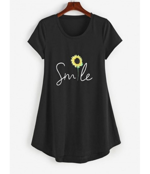 Sunflower Print Curved Hem T Shirt Dress