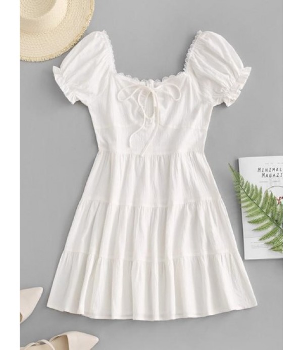 Lace Trim Puff Sleeve Tiered Milkmaid Dr...