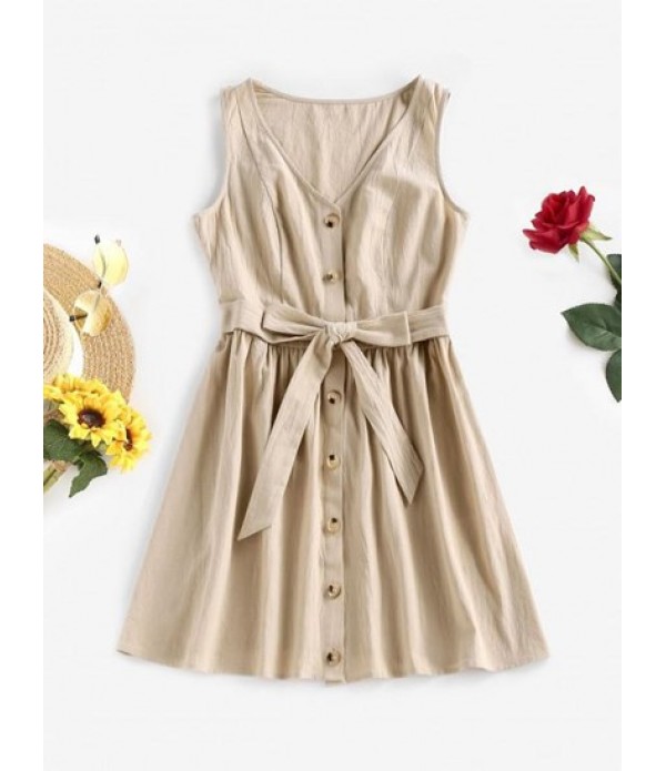 Button Front Belted A Line Tank Dress