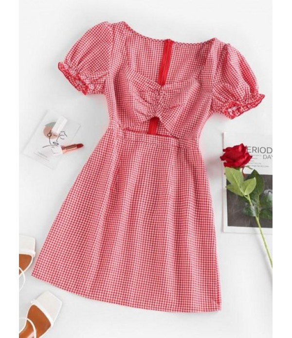 Gingham Ruched Puff Sleeve Hollow Out Dr...