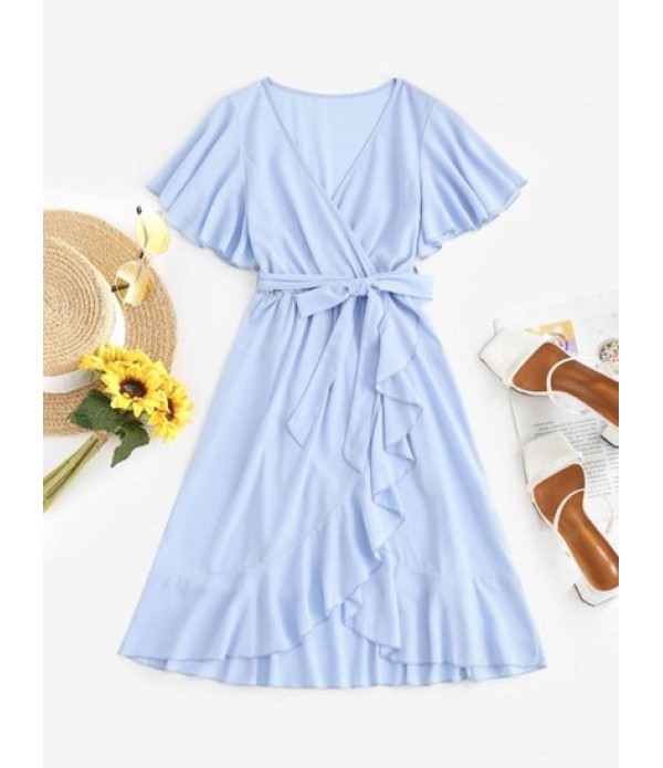 Belted Ruffles Overlap Flutter Sleeve Dress