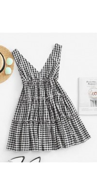 Double V Gingham Frilled Tiered Smock Dress