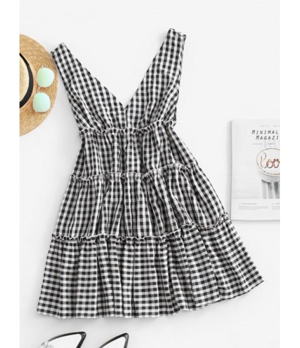 Double V Gingham Frilled Tiered Smock Dress