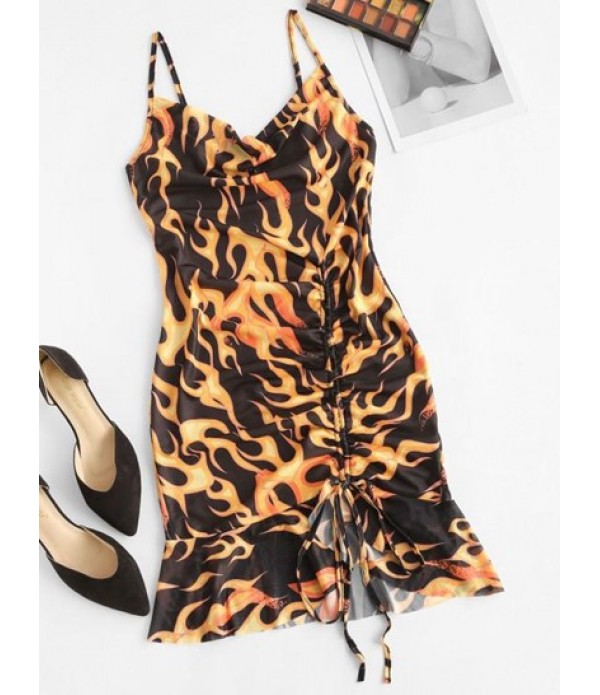 Cowl Neck Flame Print Cinched Ruffle Mes...