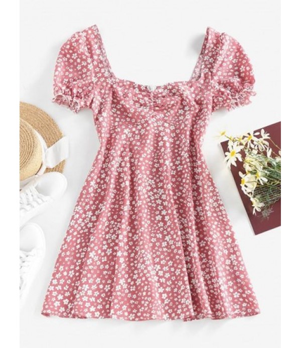 Ditsy Print Puff Sleeve Ruffle Ruched Mini Dress