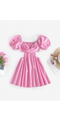 Puff Sleeve Ruched Cutout Skater Dress