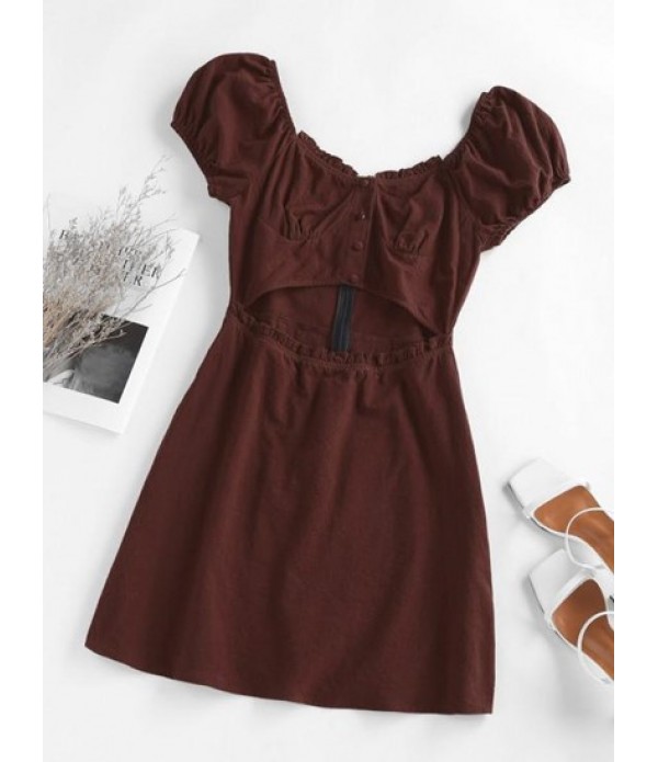 Ruffle Puff Sleeve Cutout Mock Button Dress