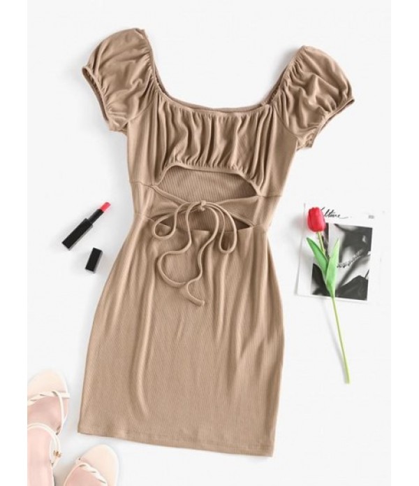 Ribbed Cutout Puff Sleeve Ruched Dress