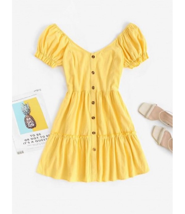 Puff Sleeve Button Up Tiered Mini Smock Dress