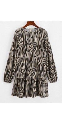 Zebra Print Ruffled Hem Long Sleeve Smoc...