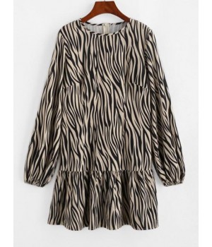 Zebra Print Ruffled Hem Long Sleeve Smock Dress