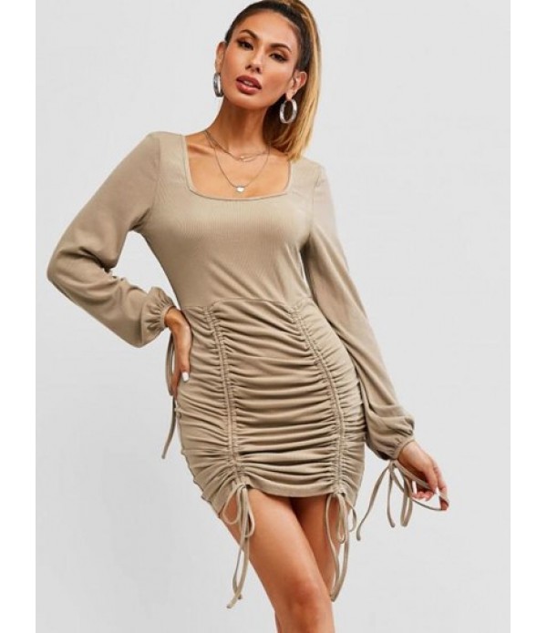 Ribbed Cinched Tie Ruched Bodycon Mini Dress