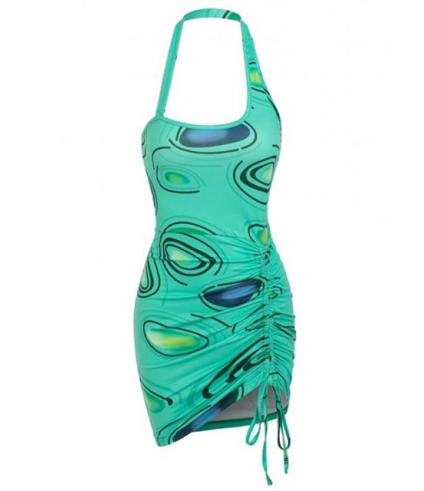 Halter Avocado Print Cinched Backless Slinky Dress