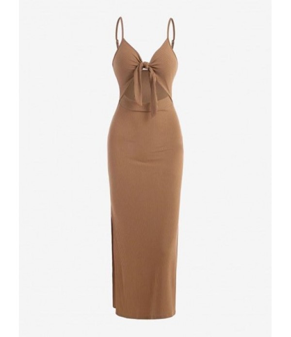 Ribbed Knot Cutout Split Side Slinky Maxi Dress