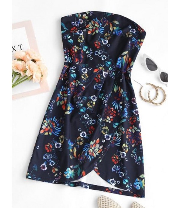 Strapless Flower Print Overlap Mini Dress