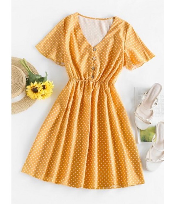 Button Loop Flutter Sleeve Dotted Mini Dress