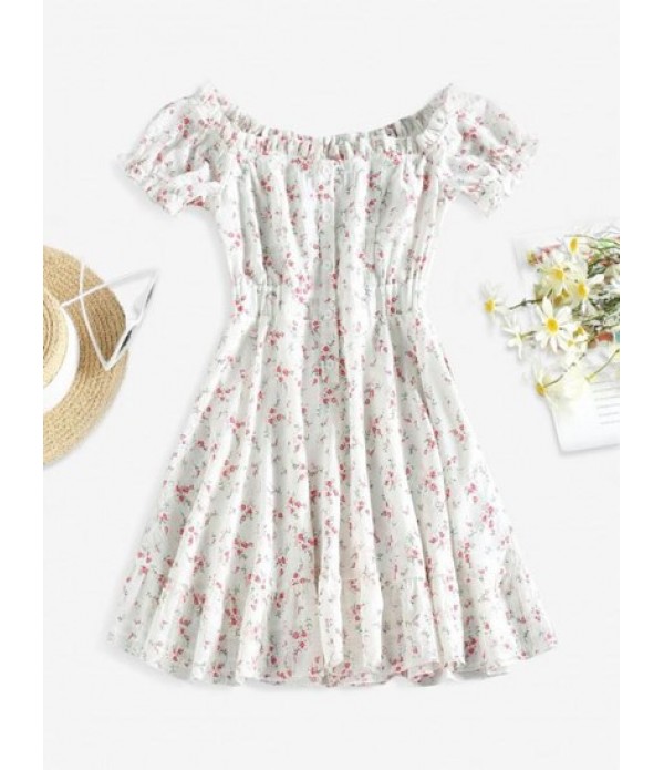 Button Front Tiny Floral Off Shoulder Mi...