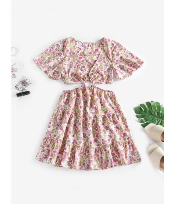 Floral Print Flare Sleeve O Ring Cutout Dress