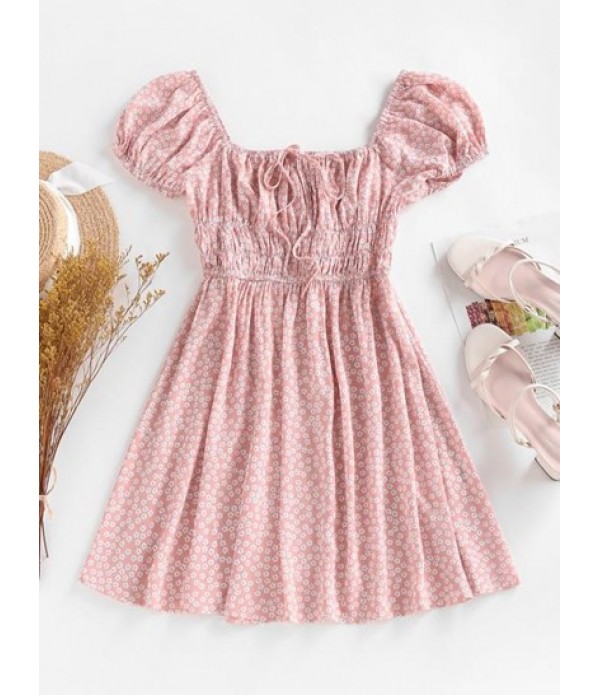 Ditsy Floral Ruched Puff Sleeve Milkmaid Dress