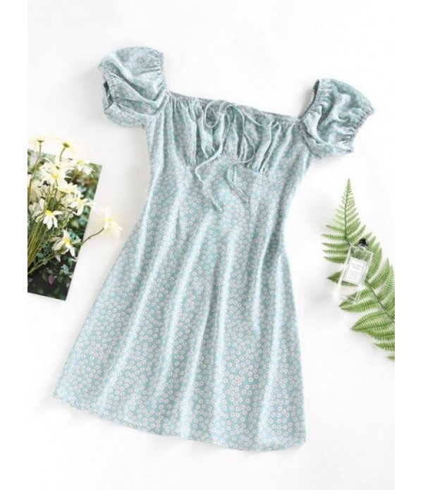 Ditsy Floral Ruched Puff Sleeve Tie Dres...