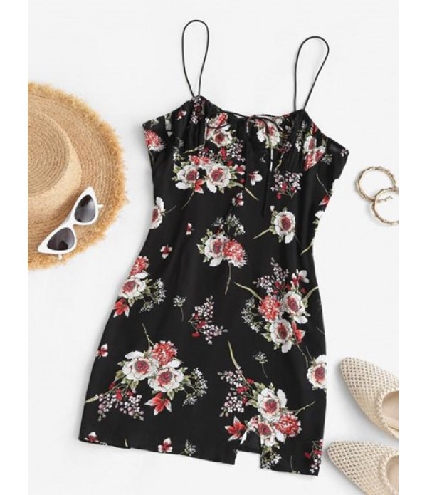 Floral Print Tie Front Spaghetti Strap Bodycon Mini Dress