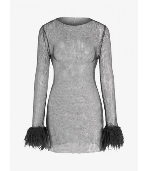 Metallic Fishnet See Thru Faux Fur Cuffs Bodycon Dress