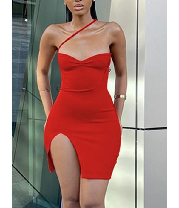 Ruched Slit Strappy Sexy Mini Slinky Dress