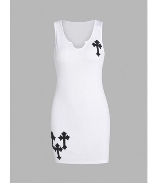 Notched Collar Ribbed Cross Embroidered Tank Dress