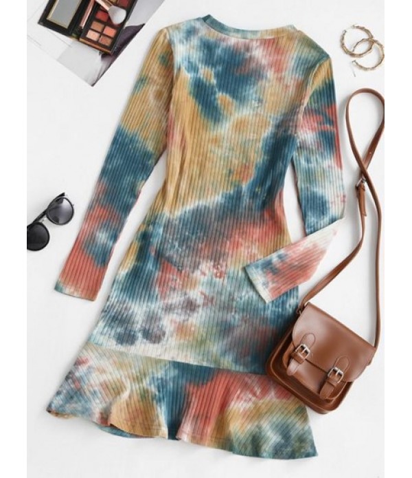 Tie Dye Cinched Flounce Ribbed Tee Dress