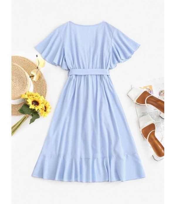 Belted Ruffles Overlap Flutter Sleeve Dress