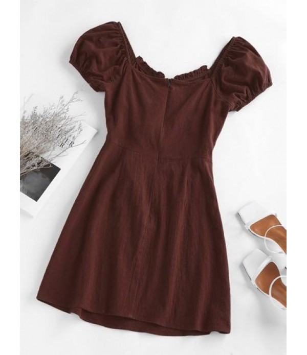 Ruffle Puff Sleeve Cutout Mock Button Dress