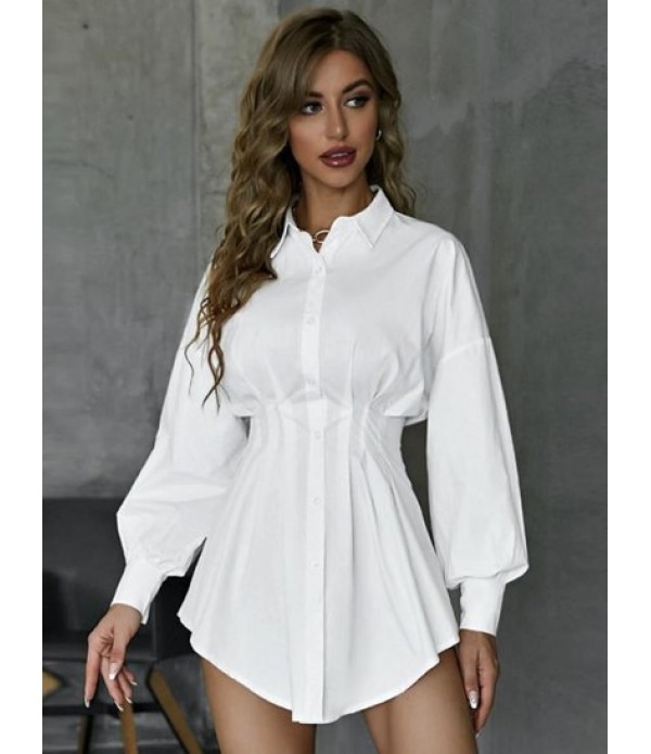 Corset Waist Lantern Sleeve Shirt Dress