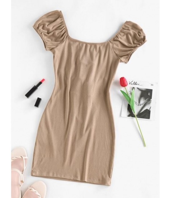 Ribbed Cutout Puff Sleeve Ruched Dress