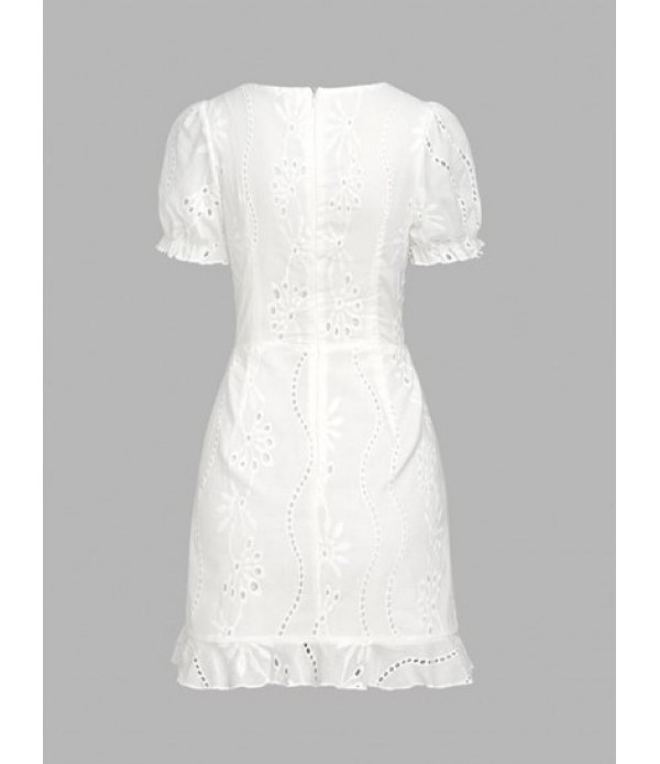 Broderie Anglaise Ruffle Cinched Cutout Mini Dress