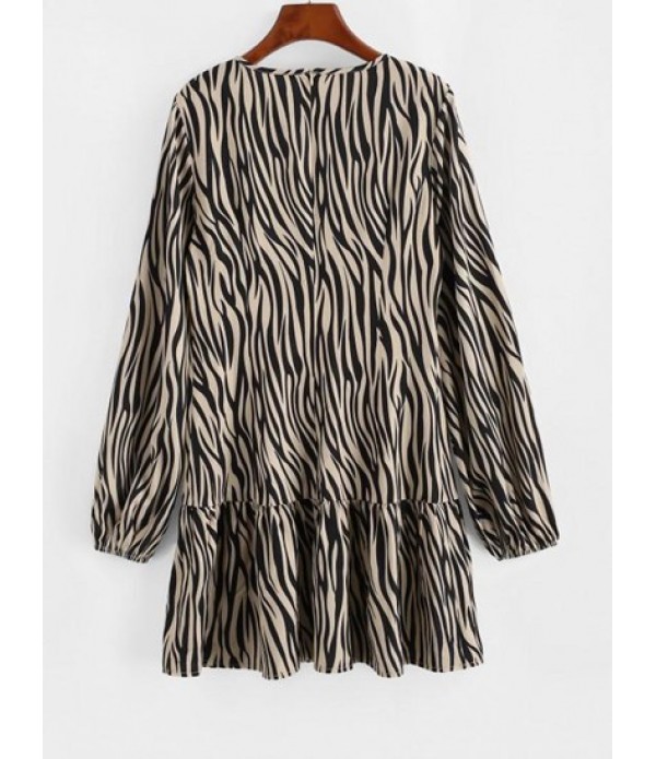 Zebra Print Ruffled Hem Long Sleeve Smock Dress