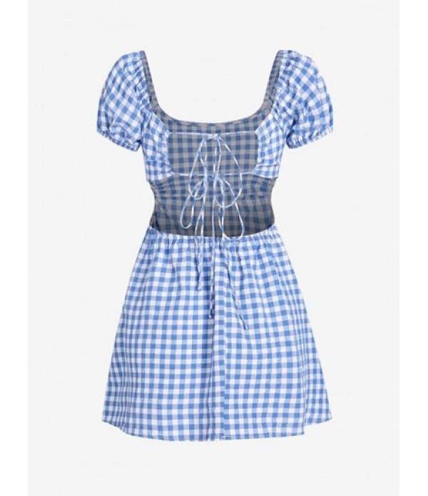 Gingham Puff Sleeve Open Back Mini Dress