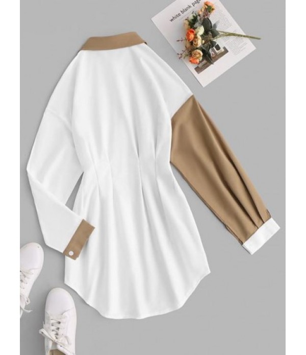 Colorblock Pleated Detail Shirt Dress