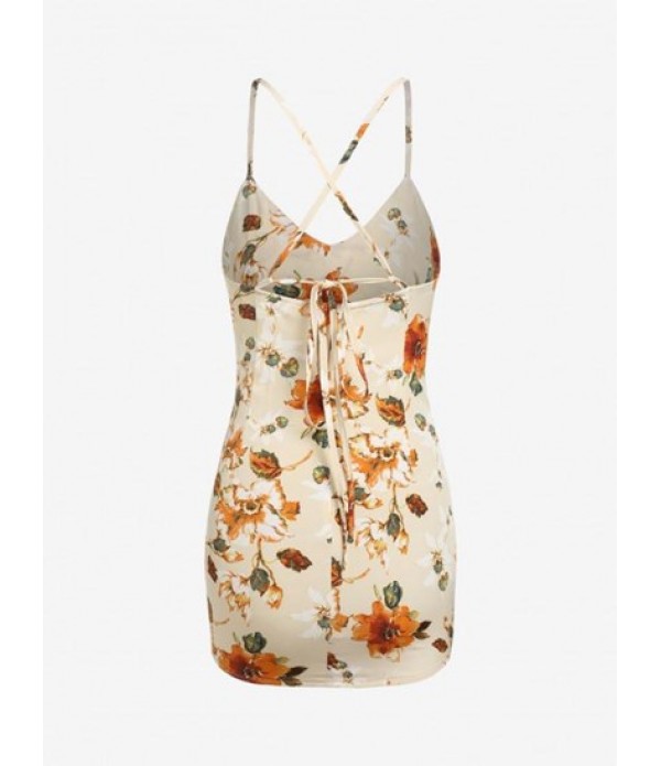 Cross Flower Print Cinched Slip Dress