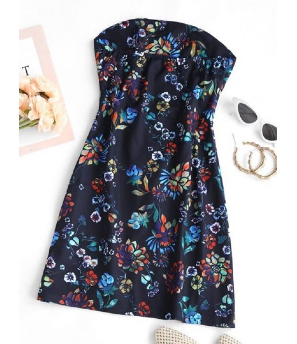 Strapless Flower Print Overlap Mini Dress