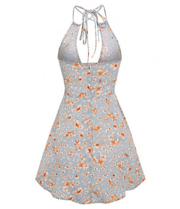 Flower Print Cutout Halter Dress