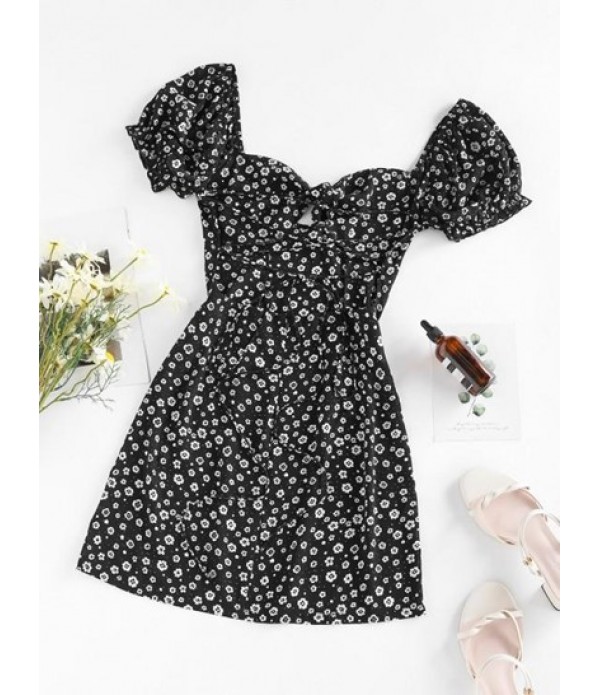 Flower Knotted Ruffle Puff Sleeve Lace Up Dress