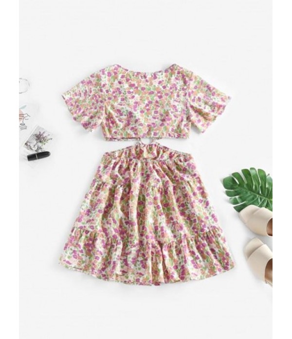 Floral Print Flare Sleeve O Ring Cutout Dress