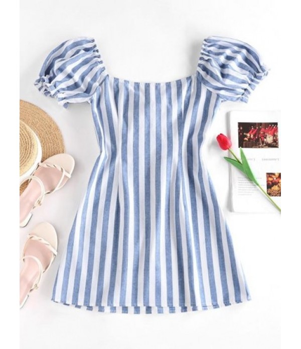 Striped Tied Ruffle Puff Sleeve Dress