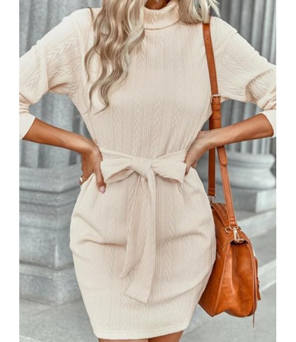 Cable Knit Textured Belted Long Sleeve Slinky Dress