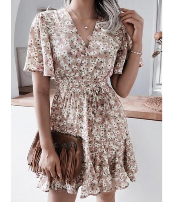 Tie Waist Flutter Sleeve Floral Surplice Mini Dress