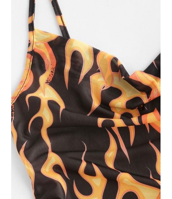 Cowl Neck Flame Print Cinched Ruffle Mesh Dress