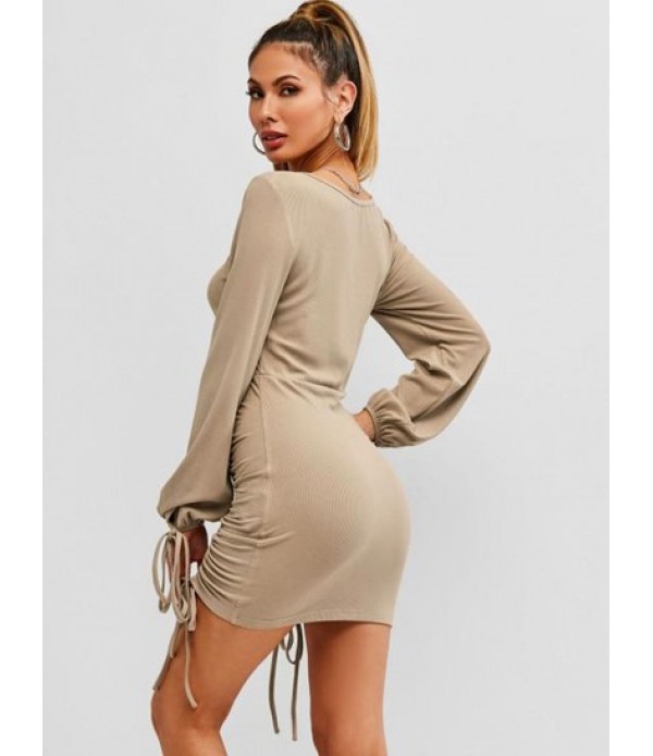 Ribbed Cinched Tie Ruched Bodycon Mini Dress