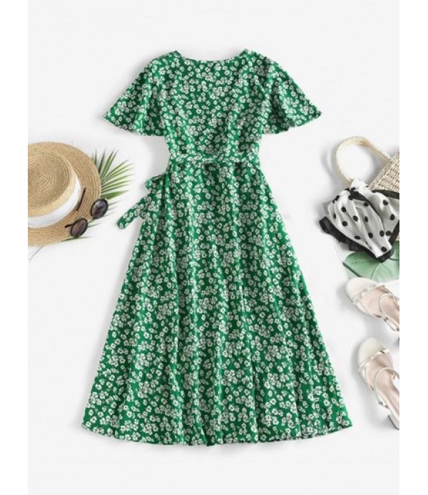 Flowing Tiny Floral Wrap Midi Dress