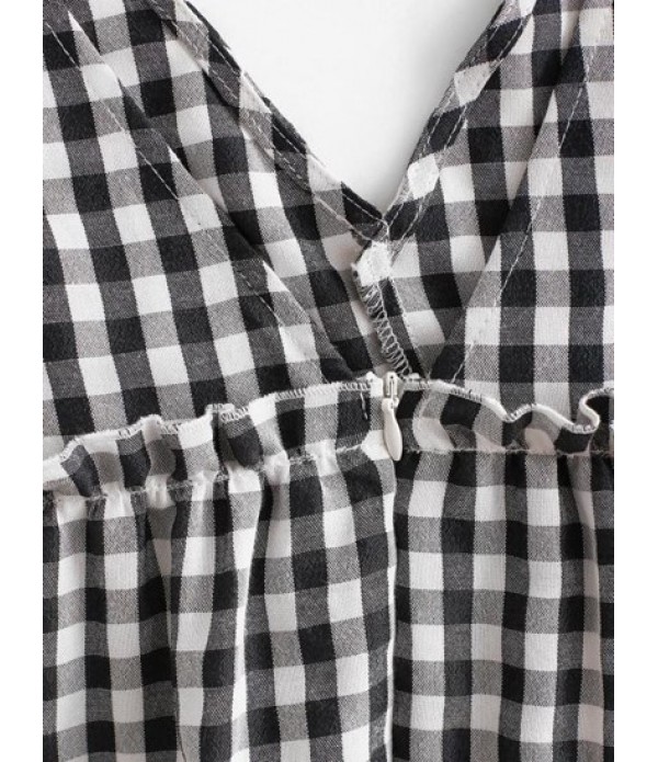 Double V Gingham Frilled Tiered Smock Dress