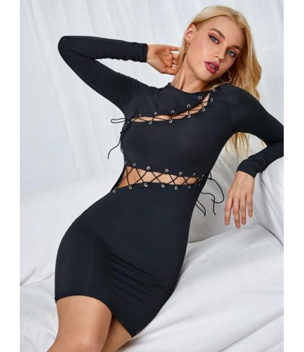 Lace Up Long Sleeve Solid Slinky Dress